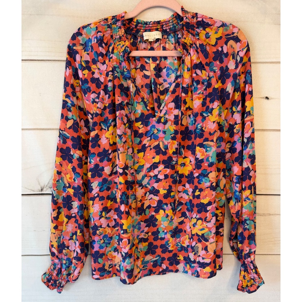 Caballero Floral Smocked Neck Tie Front Viscose Blouse Orange Blue XS